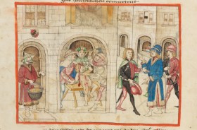 Représentation du prétendu meurtre rituel de Rudolf dans la chronique illustrée suisse de Diebold Schilling: les juifs sont facilement reconnaissables aux chapeaux pointus qu'ils étaient obligés de porter à l'époque. (Diebold Schilling, Amtliche Berner Chronik) représentation de juifs tuant un enfant