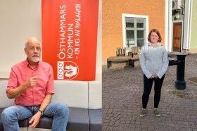 Ein sitzender Mann in Östhammar, Schweden auf der linken, eine stehende Frau auf der rechten.