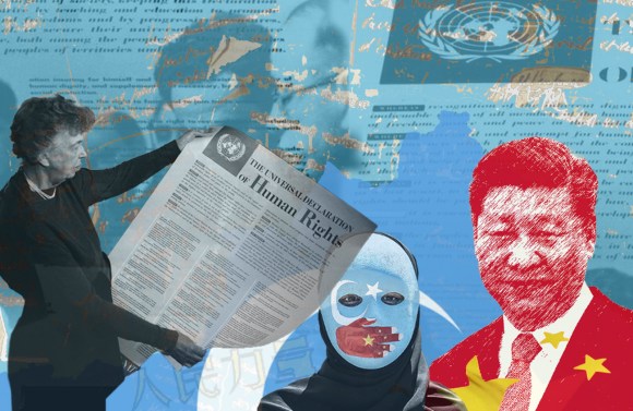Illustration image of Xi Jinping, an Uyghur protester, and Eleanor Roosevelt holding the Universal Declaration of Human Rights.