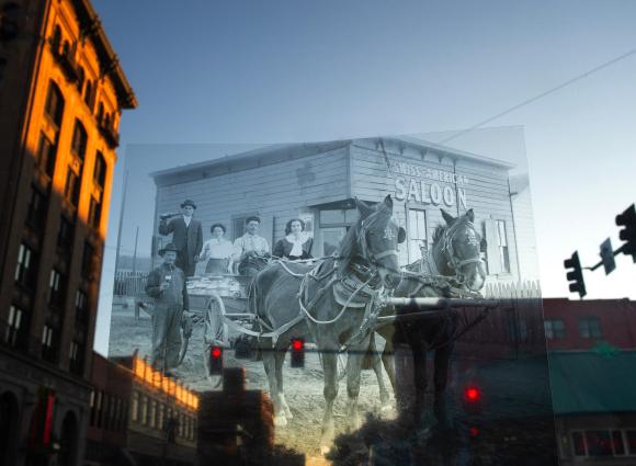 Double exposure photo of a family riding a horse and trap, the other photo is of a Saloon
