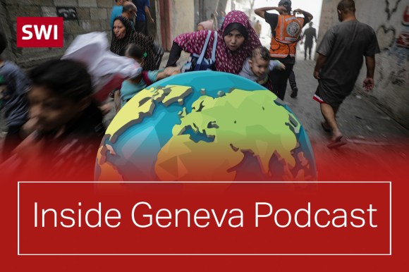 Picture of Palestinians fleeing bombing and Inside Geneva logo